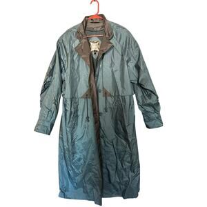 Vintage FLEET STREET Blue Button Up Gingham Accents Long Trench Rain Coat sz 12